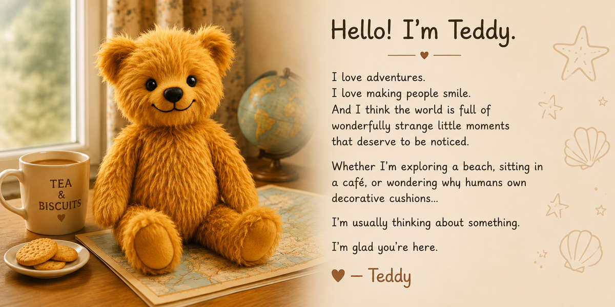 A plush golden-brown teddy bear sits on a table beside a mug of tea and biscuits, with a piece of paper in front of it. The right side contains a printed message addressed to 'Hello! I'm Teddy.