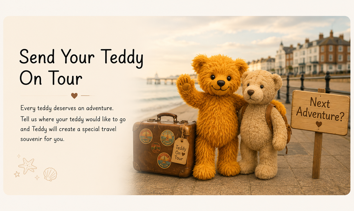 A promotional graphic with the text 'Send Your Teddy On Tour' beside two plush teddy bears standing by a seaside pier. One bear is golden-brown and waving, next to a brown suitcase with travel stickers, while a second cream teddy bear stands beside a wooden sign reading 'Next Adventure?'.