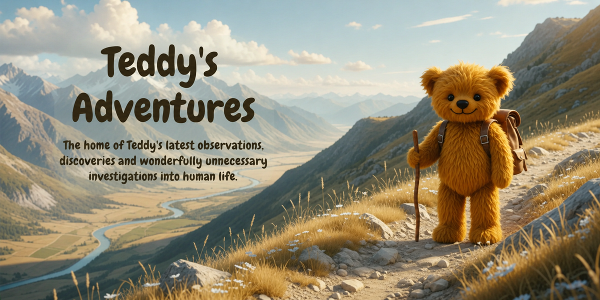 A stylized illustrated scene showing a golden teddy bear standing on a mountain path with a backpack and walking stick, with the text 'Teddy's Adventures' and a descriptive subtitle over a scenic valley landscape.